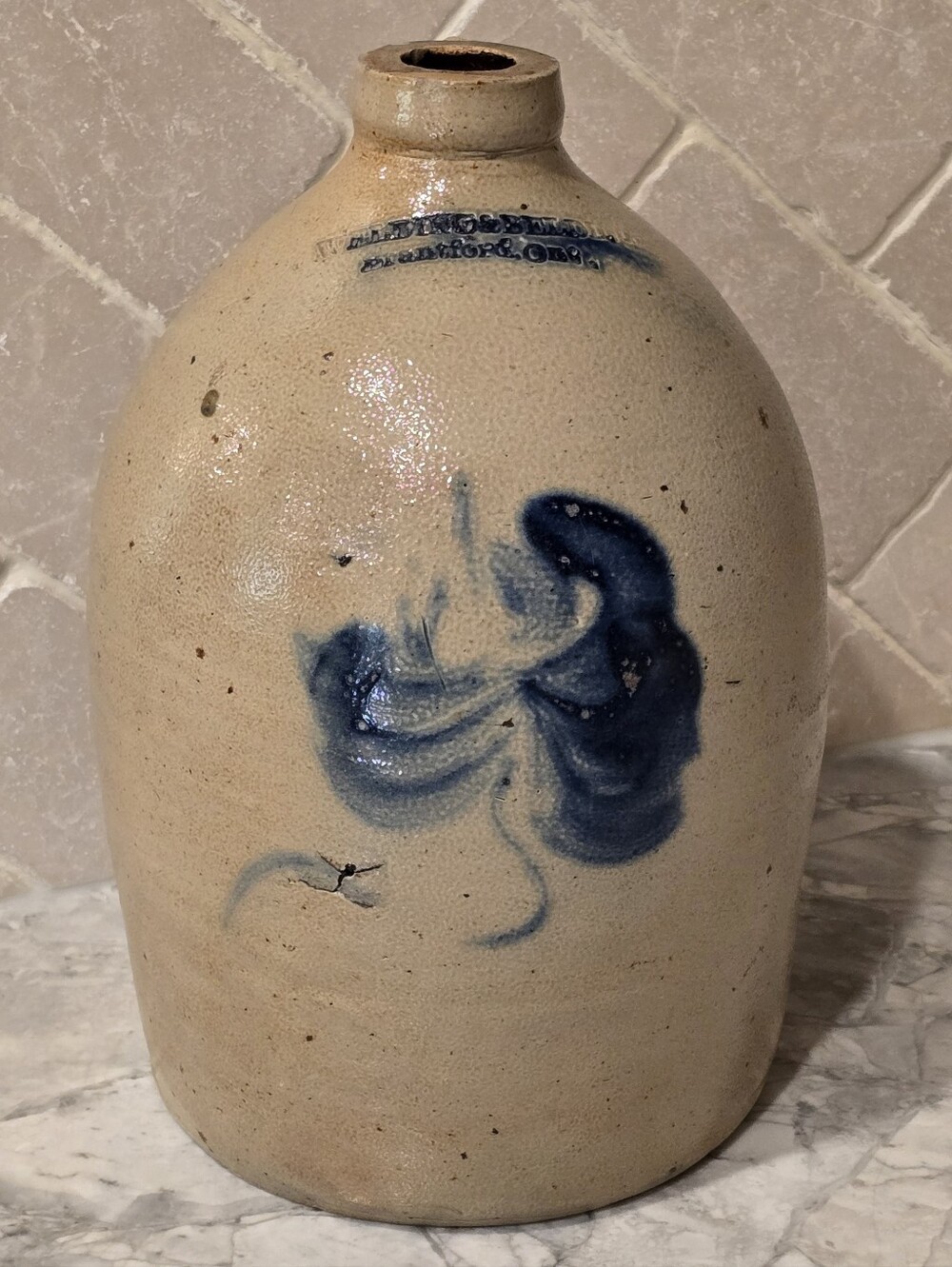Antique Salt Glazed Cobalt Slip Decorated Crock Jug Pot 1 Gal Brantford Ontario